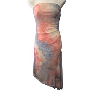 MINT Tie Dye Strapless Asymmetrical Mesh Midi Dress Ruched Y2K Medium Watercolor